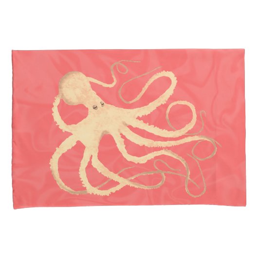 Cream Octopus op koraal - 2 standaard Kussenslopen (Voorkant-Rechts)