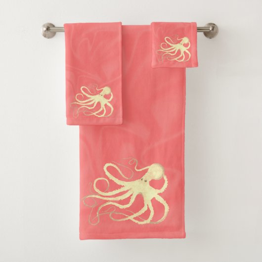 Cream Octopus op koraal - Bathroom-handdoekset Bad Handdoek (Insitu)