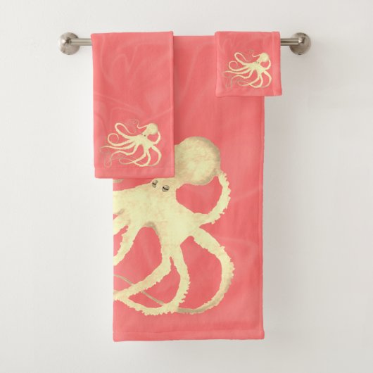 Cream Octopus op koraal II - Bathroom doekset Bad Handdoek (Insitu)