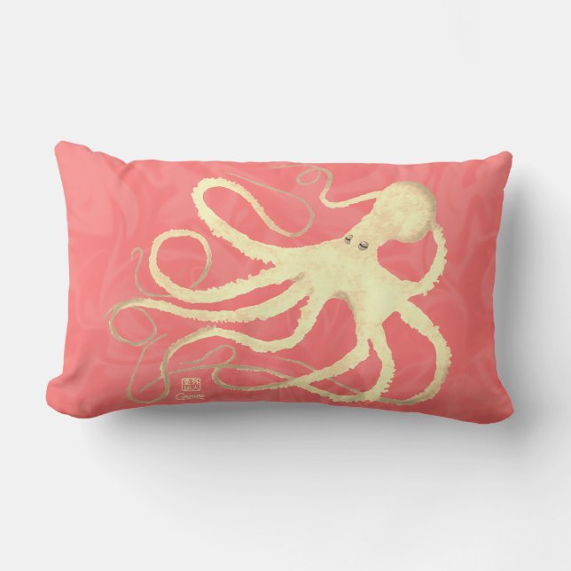 Cream Octopus op koraal - Lumbar Pillow Kussen (Voorkant)