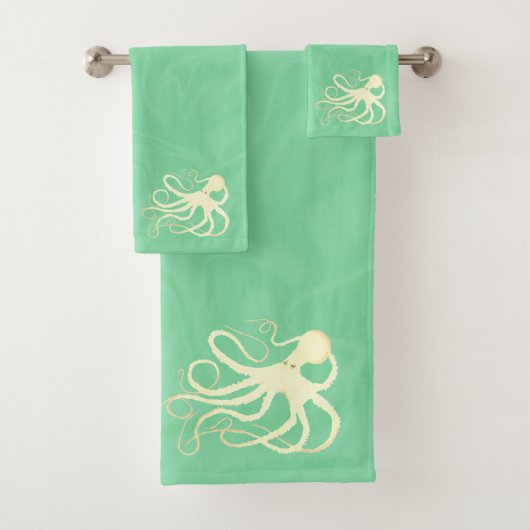 Cream Octopus op Mint-Bathroom-handdoekset Bad Handdoek (Insitu)