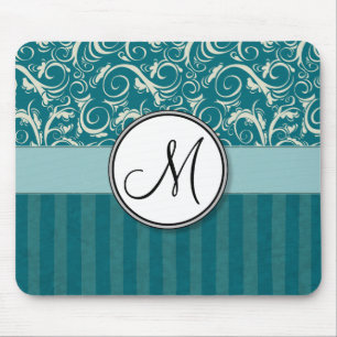 Cream on Blauwgroen Floral Wisps & Stripes met mon Muismat