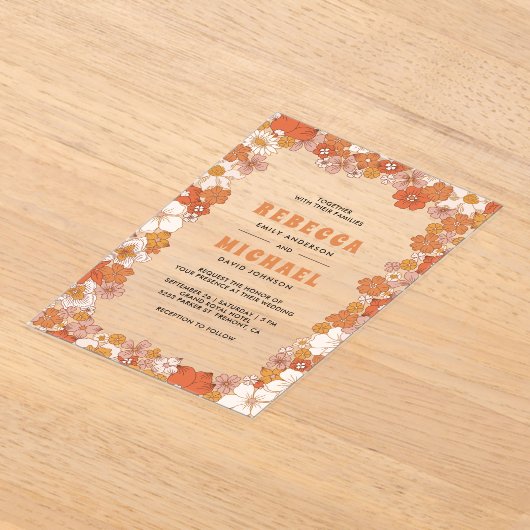 Cream Orange Groovy Retro Wildflower Wedding Acryl Uitnodigingen (Laagn)