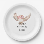 Cream Owl Heart Glasses Verjaardag Papieren Bordje (Voorkant)