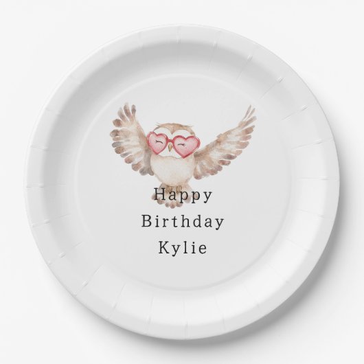 Cream Owl Heart Glasses Verjaardag Papieren Bordje (Voorkant)