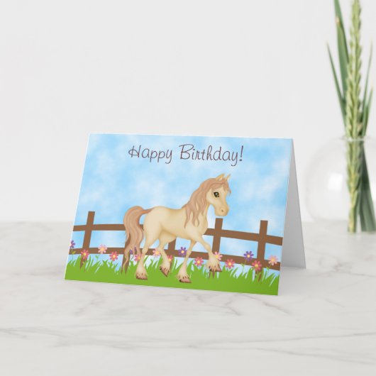 Cream Paard en Bloemen Happy Birthday Kaart (Voorkant)