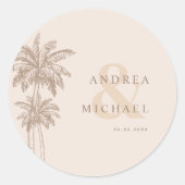 Cream Palm Trees & Ampersand Namen Trouwen Ronde Sticker (Voorkant)
