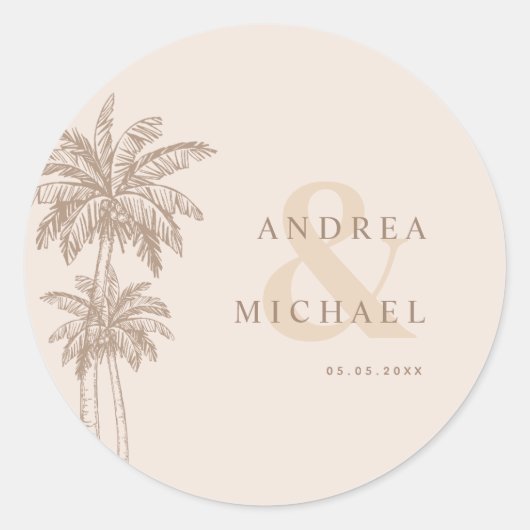 Cream Palm Trees & Ampersand Namen Trouwen Ronde Sticker (Voorkant)