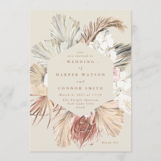 Cream Pampas Dried Grass Floral Oerwoud Wedding Kaart (Voorkant)