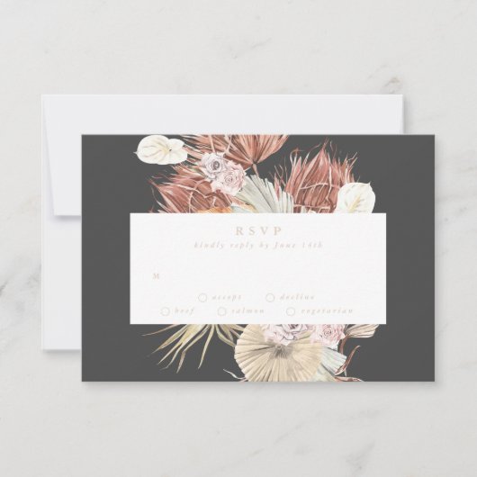 Cream Pampas Grass Floral Charcoal Oerwoud Wedding RSVP Kaartje (Voorkant)
