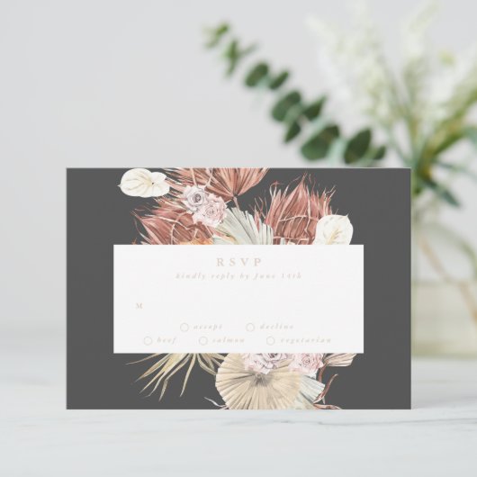 Cream Pampas Grass Floral Charcoal Oerwoud Wedding RSVP Kaartje (Staand voorkant)