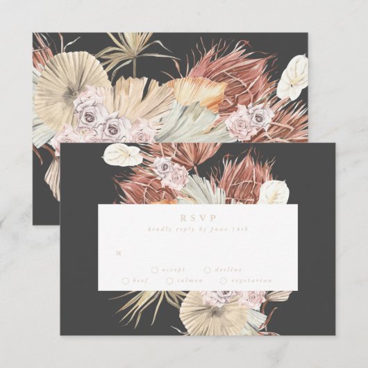 Cream Pampas Grass Floral Charcoal Oerwoud Wedding RSVP Kaartje (Voorkant / Achterkant)