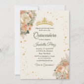 Cream Peach Bloemen en Goud Tiara Quinceanera Kaart (Voorkant)