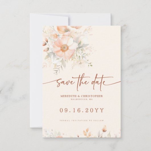 Cream Peach Floral Waterverf Bruiloft Save The Date (Voorkant)