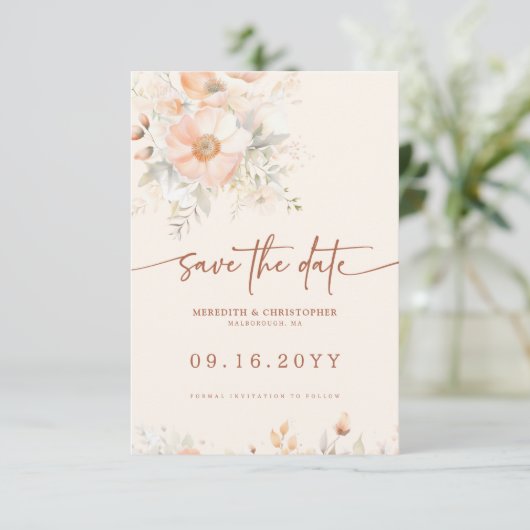 Cream Peach Floral Waterverf Bruiloft Save The Date (Staand voorkant)
