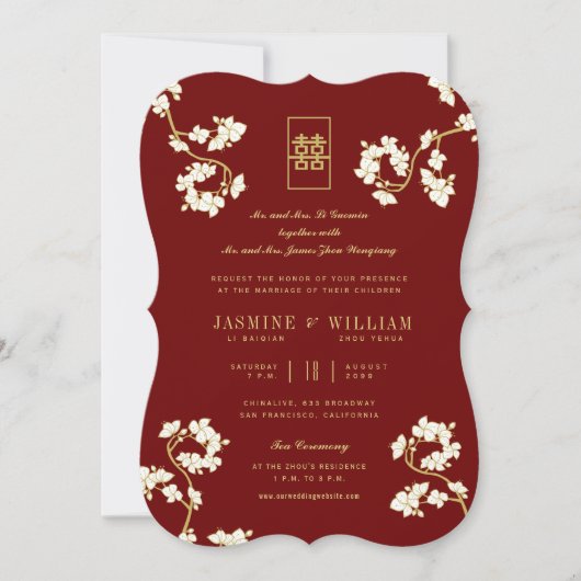 Cream Peach/Plum Blossom Double Happiness Wedding Kaart (Voorkant)