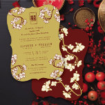 Cream Peach/Plum Blossom Double Happiness Wedding Kaart<br><div class="desc">Orientale perzik / plumbloesems, lentesbloemen in crème / ivoor / wit op een donkerbruine rode / matte gouden achtergrond met een eenvoudige rechthoek met een symbool voor dubbel geluk, een trouwuitnodigingskaart. Een elegante en romantische florale chinezen met de thema bruiloft, wat griezelig, modern en klassiek is. Perzikbloesems (桃 in het...</div>