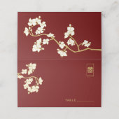 Cream Peach/Plum Blossom Double Happiness Wedding Plaatskaartje (Buitenkant ongevouwen)
