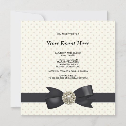 Cream Pearl Bow Black Stropdas Party en Evenement Kaart (Achterkant)