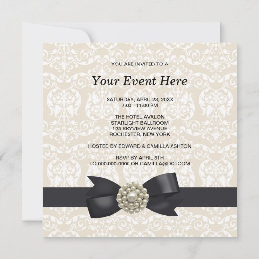 Cream Pearl Bow Black Stropdas Party Event Sjabloo Kaart (Achterkant)