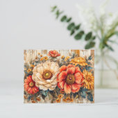 Cream Peony and Orange Zinnia on Wood Briefkaart (Staand voorkant)