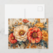 Cream Peony and Orange Zinnia on Wood Briefkaart (Voorkant / Achterkant)