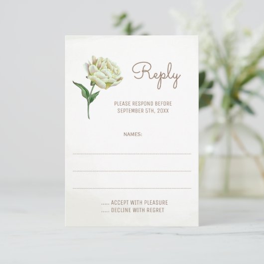 Cream Peony Flower Wedding Reply Kaarten RSVP Kaartje (Staand voorkant)