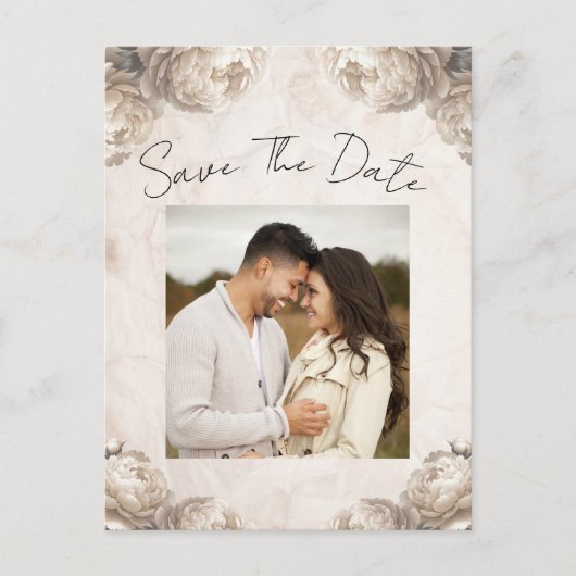 Cream Peony Flowers  Rustic Save the Date Aankondigingskaart (Voorkant)