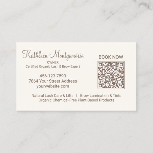Cream Photo Script QR Code Lashes and Brows Visitekaartje (Achterkant)