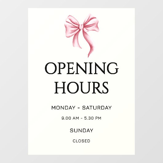 Cream Pink Bow Opening Hours Small Business Raamsticker (Vel)