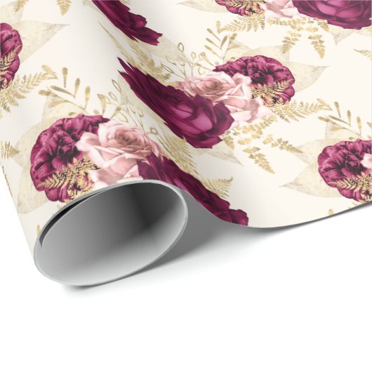 Cream Pink Burgundy Floral Cadeaupapier (Rol Hoek)