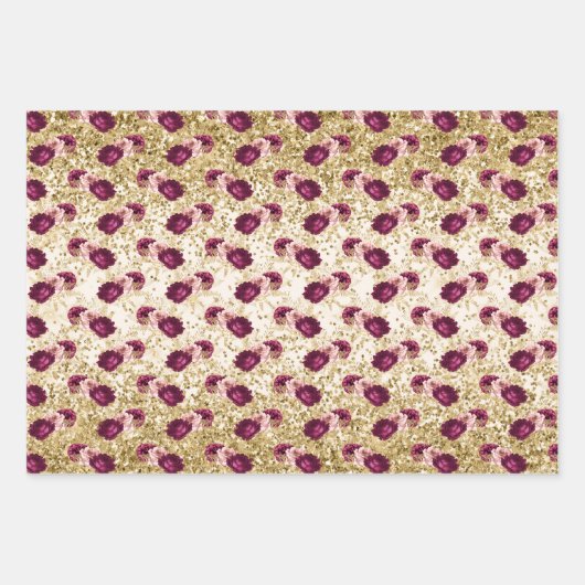 Cream Pink Burgundy Floral Gold Glitz Inpakpapier Vel (Voorkant 3)