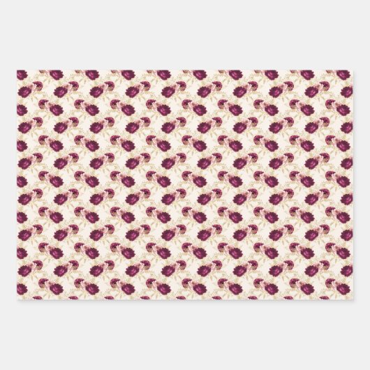 Cream Pink Burgundy Floral Gold Glitz Inpakpapier Vel (Voorkant 2)