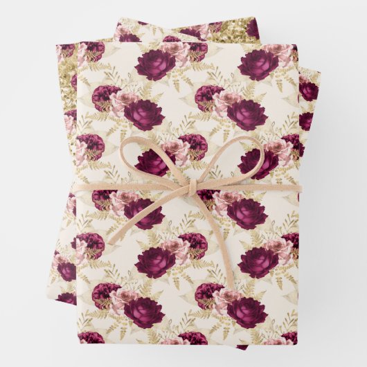 Cream Pink Burgundy Floral Gold Glitz Inpakpapier Vel (In situ)