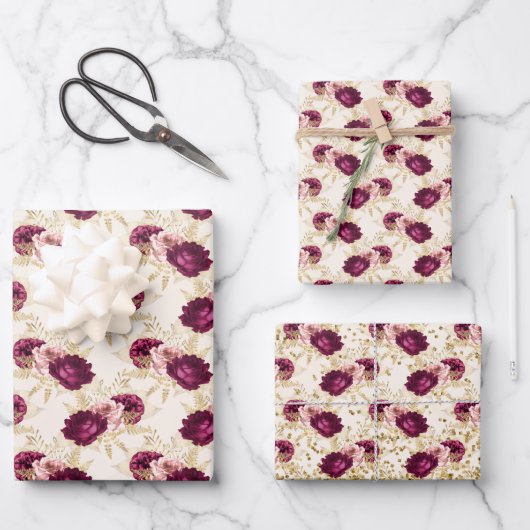 Cream Pink Burgundy Floral Gold Glitz Inpakpapier Vel (Voorkant)
