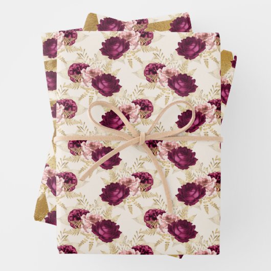 Cream Pink Burgundy Floral Inpakpapier Vel (In situ)