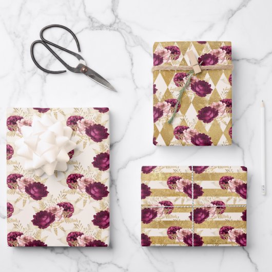 Cream Pink Burgundy Floral Inpakpapier Vel (Voorkant)