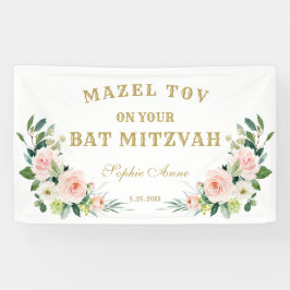 Cream Pink Flowers Bat Mitzvah Welcome Sign. Spandoek