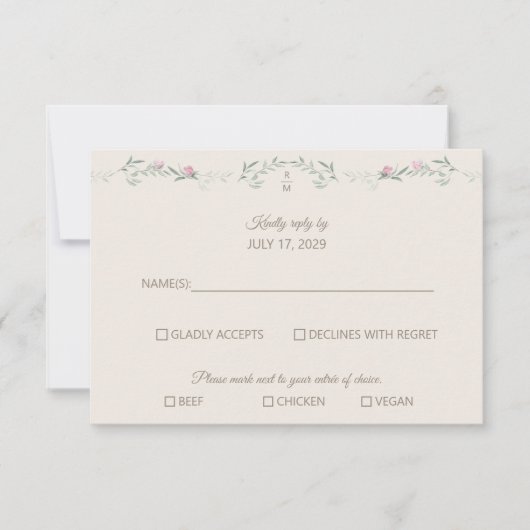 Cream Pink Foliage Monogram RSVP Response Card Kaartje (Voorkant)
