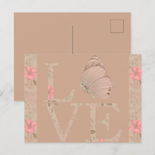 Cream Pink Love Butterfly Floral Briefkaart