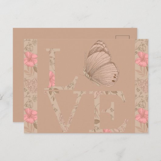 Cream Pink Love Butterfly Floral Briefkaart (Voorkant / Achterkant)
