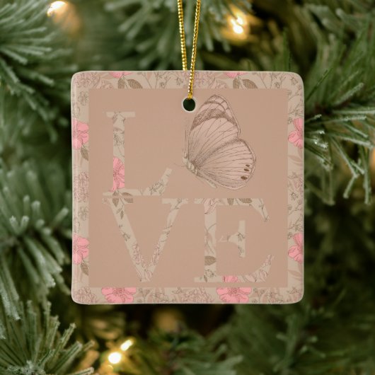 Cream Pink Love Butterfly Floral Keramisch Ornament (Boom)