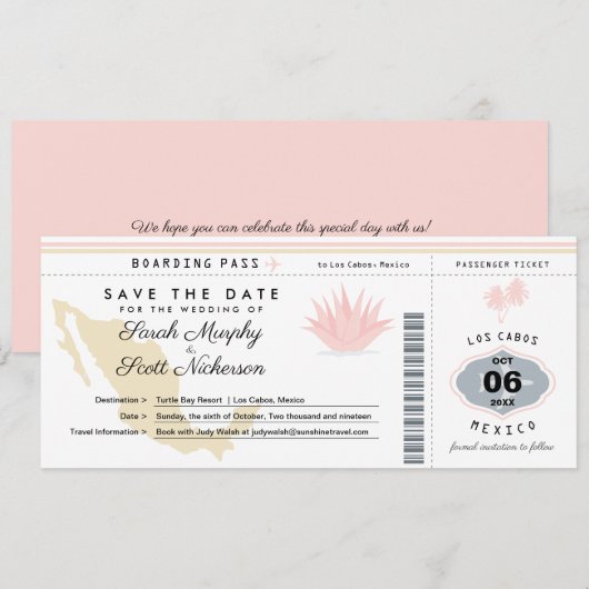 Cream Pink Mexico Save the Date Boarding Pass (Voorkant / Achterkant)