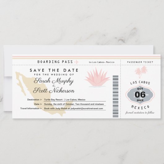 Cream Pink Mexico Save the Date Boarding Pass (Voorkant)