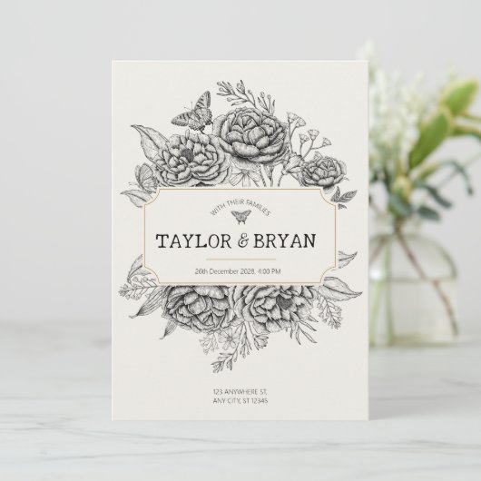 Cream  Pioen bruiloft uitnodiging (Staand voorkant)