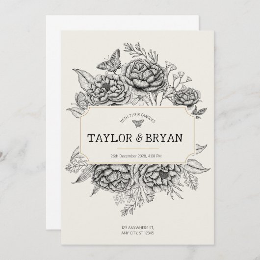 Cream  Pioen bruiloft uitnodiging (Voorkant / Achterkant)