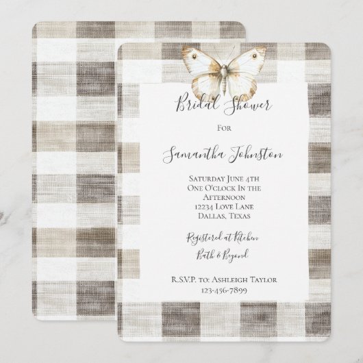 Cream Plaid Stripes Butterfly Vrijgezellenfeest Kaart (Voorkant / Achterkant)