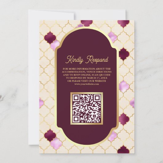 Cream Plum Quatrefoil QR Code Moslim Bruiloft Kaart (Achterkant)