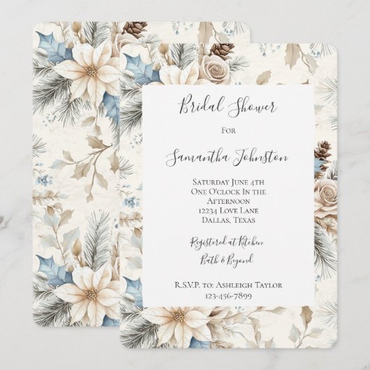 Cream Poinsettia Blue Floral Vrijgezellenfeest Kaart (Voorkant / Achterkant)