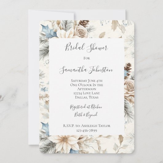 Cream Poinsettia Blue Floral Vrijgezellenfeest Kaart (Voorkant)